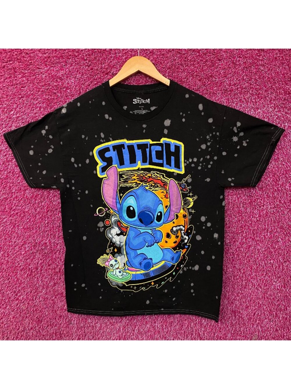 Disney Lilo & Stitch Bleach Dyed Stitch and Scrump T-Shirt Large